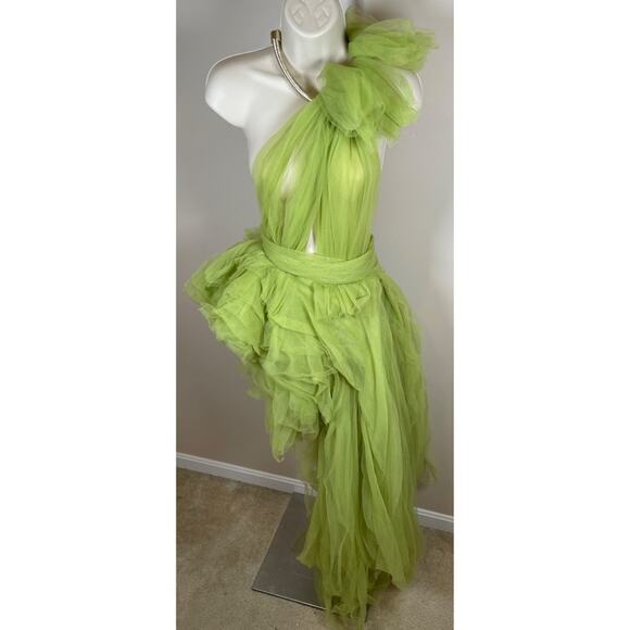 Bronx and Banco Taraji One Shoulder Tulle Tiered High Low Maxi Green Gown Sz XS - Picture 4 of 15